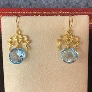 14KG Blue Topaz and Gold Scroll Earrings